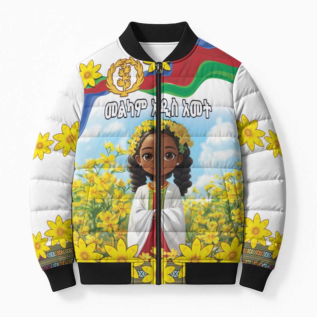 Happy Enkutatash Eritrea Personalized Bomber Puffer Jacket Beautiful Afro Girl Adey Abeba Flower