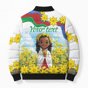 Happy Enkutatash Eritrea Personalized Bomber Puffer Jacket Beautiful Afro Girl Adey Abeba Flower