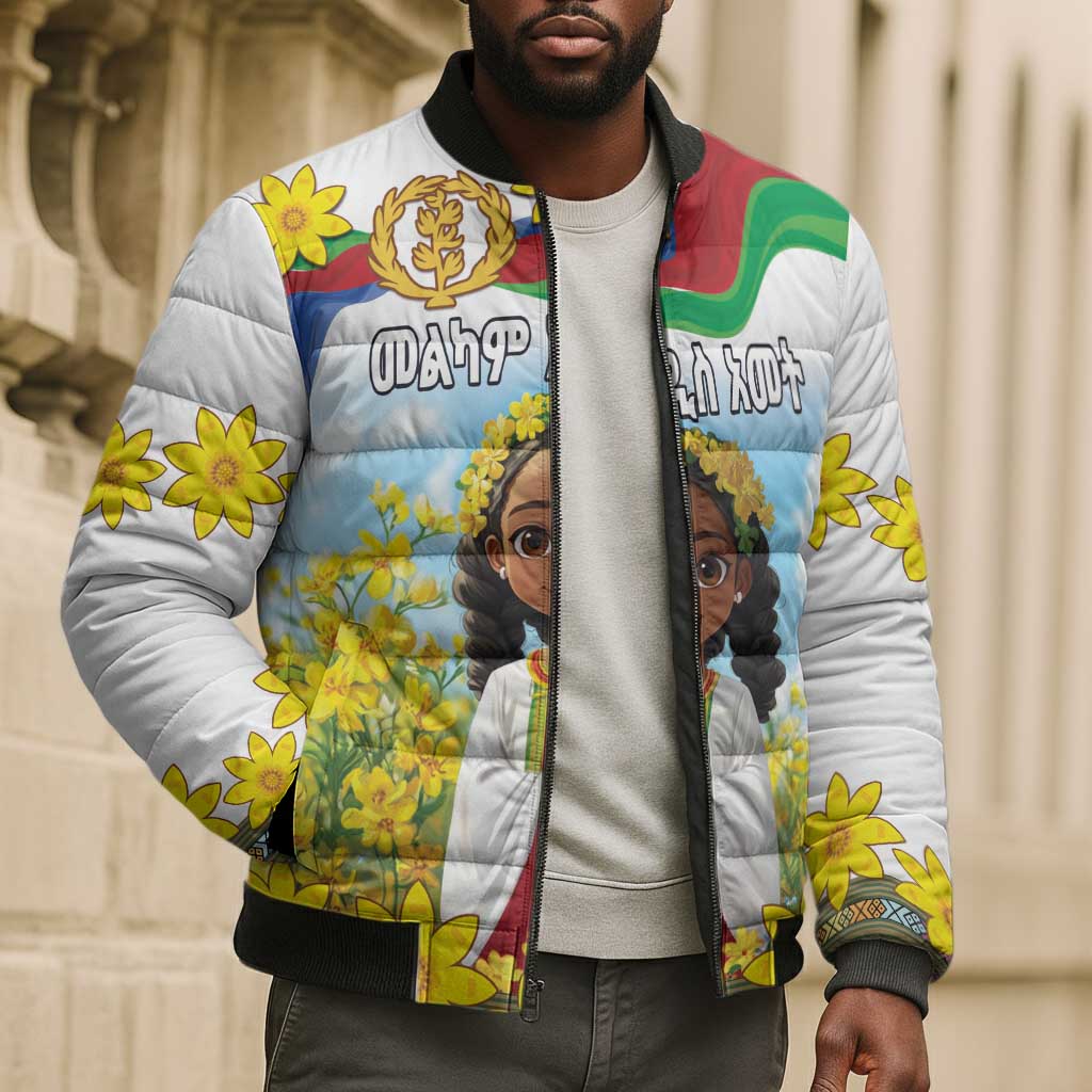 Happy Enkutatash Eritrea Personalized Bomber Puffer Jacket Beautiful Afro Girl Adey Abeba Flower