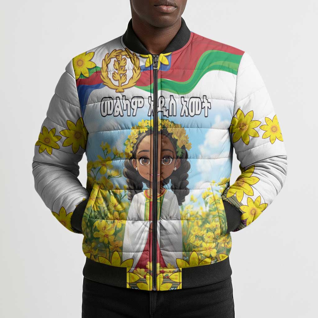 Happy Enkutatash Eritrea Personalized Bomber Puffer Jacket Beautiful Afro Girl Adey Abeba Flower