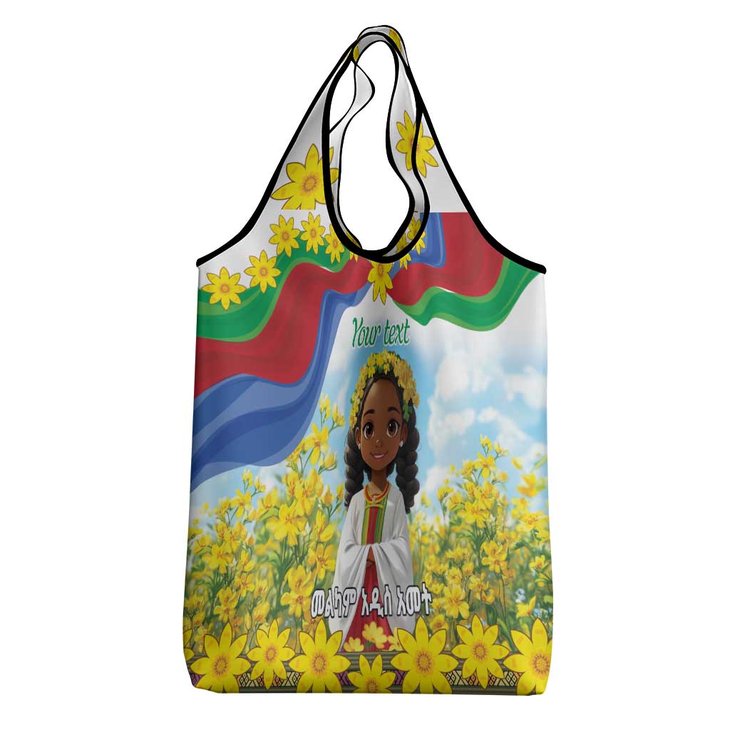 Happy Enkutatash Eritrea Personalized Grocery Bag Beautiful Afro Girl Adey Abeba Flower