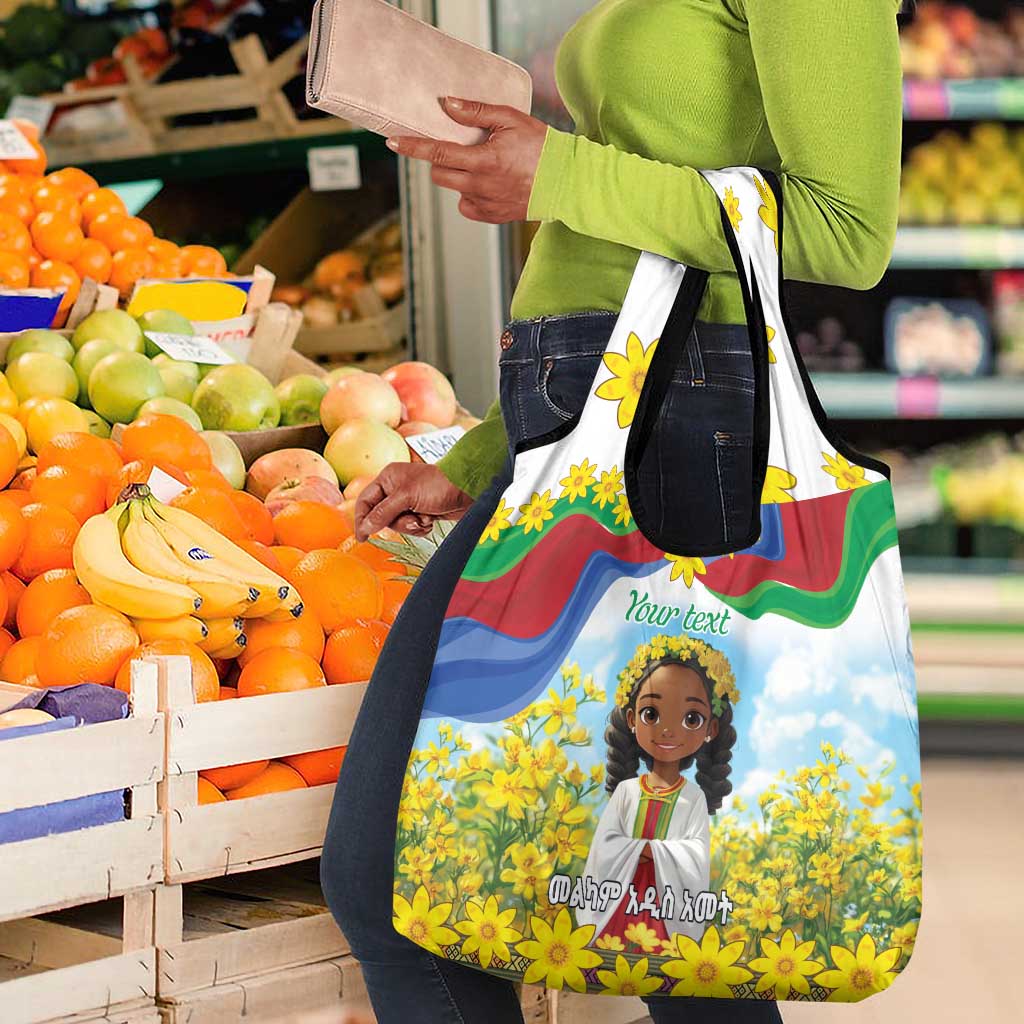 Happy Enkutatash Eritrea Personalized Grocery Bag Beautiful Afro Girl Adey Abeba Flower
