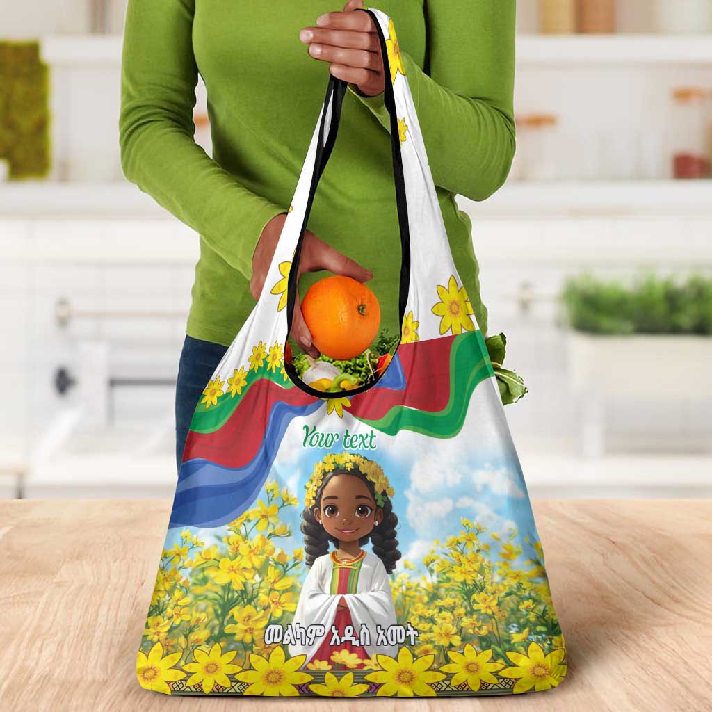 Happy Enkutatash Eritrea Personalized Grocery Bag Beautiful Afro Girl Adey Abeba Flower