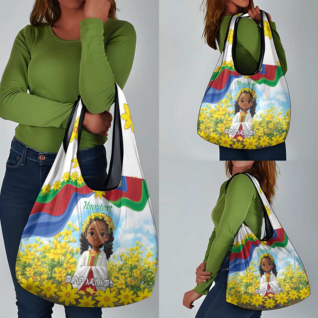 Happy Enkutatash Eritrea Personalized Grocery Bag Beautiful Afro Girl Adey Abeba Flower