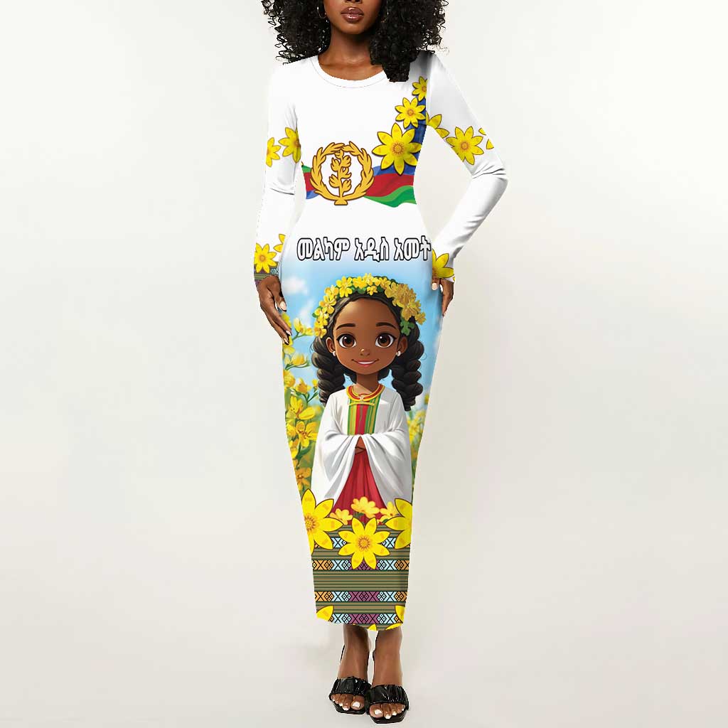 Happy Enkutatash Eritrea Personalized Long Sleeve Bodycon Dress Beautiful Afro Girl Adey Abeba Flower LT9