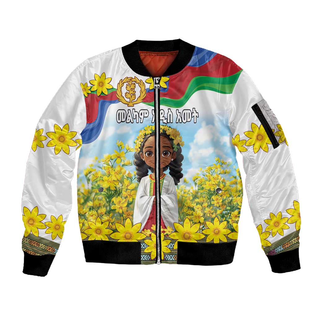 Happy Enkutatash Eritrea Personalized Sleeve Zip Bomber Jacket Beautiful Afro Girl Adey Abeba Flower