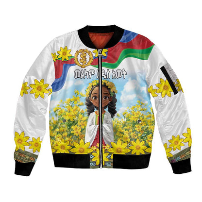 Happy Enkutatash Eritrea Personalized Sleeve Zip Bomber Jacket Beautiful Afro Girl Adey Abeba Flower