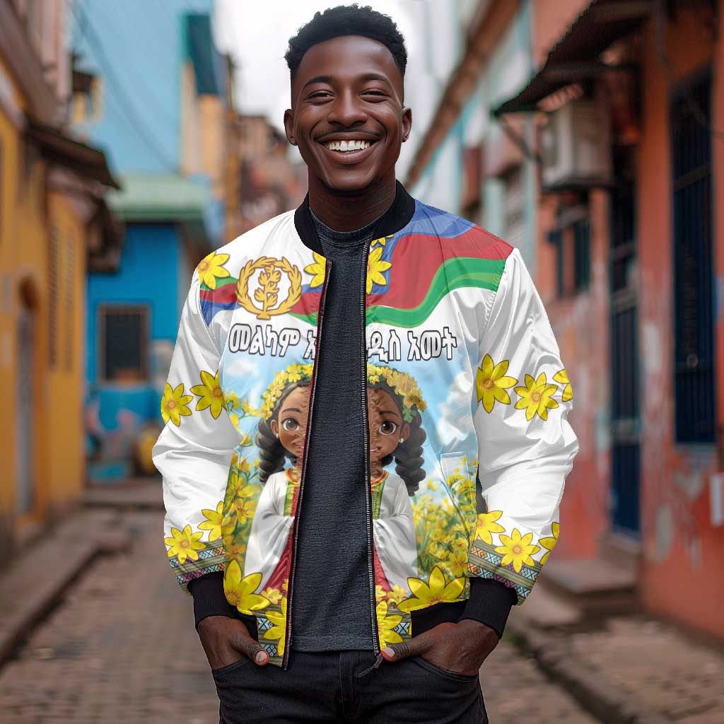 Happy Enkutatash Eritrea Personalized Sleeve Zip Bomber Jacket Beautiful Afro Girl Adey Abeba Flower