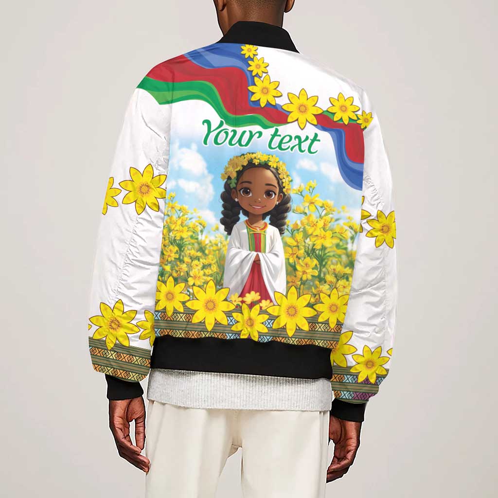 Happy Enkutatash Eritrea Personalized Sleeve Zip Bomber Jacket Beautiful Afro Girl Adey Abeba Flower