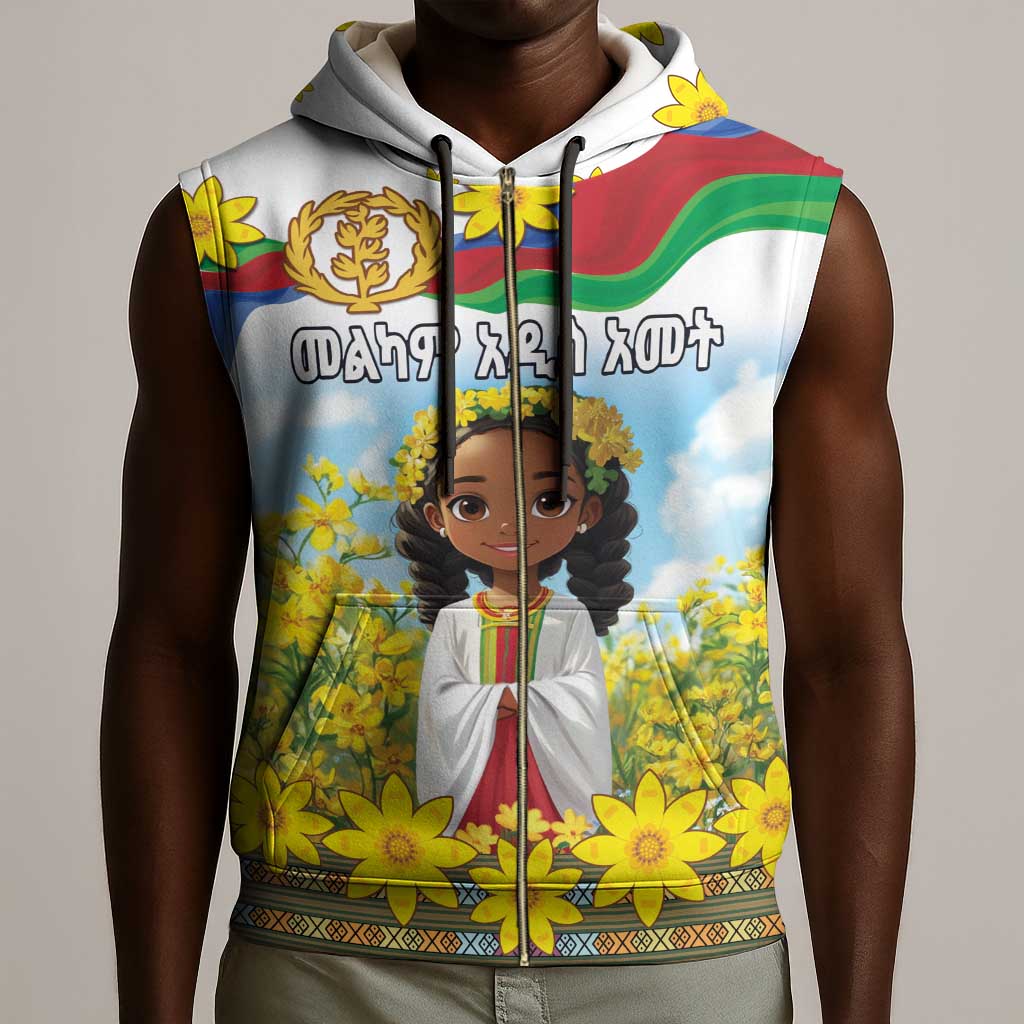 Happy Enkutatash Eritrea Personalized Sleeveless Zip Hoodie Beautiful Afro Girl Adey Abeba Flower - African Pride