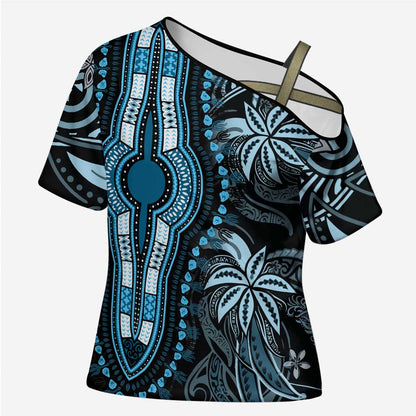 Polynesia Mixed African Dashiki Cross Shoulder Shirt Afro-pacific Culture - Blue