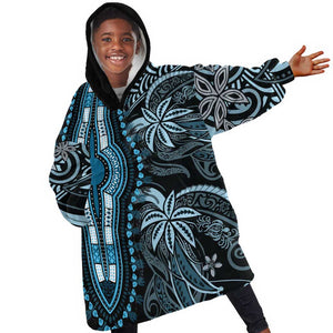 Polynesia Mixed African Dashiki Kid Wearable Blanket Hoodie Afro-pacific Culture - Blue