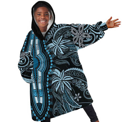 Polynesia Mixed African Dashiki Kid Wearable Blanket Hoodie Afro-pacific Culture - Blue
