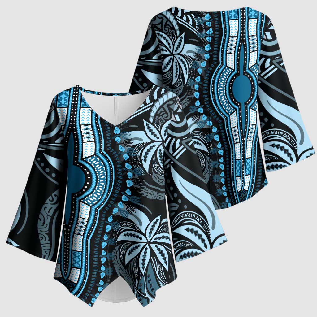 Polynesia Mixed African Dashiki Kimono Sleeve Blouse Afro-pacific Culture - Blue