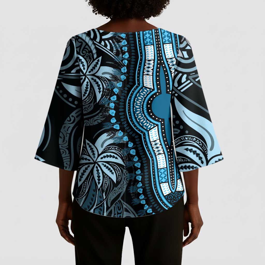 Polynesia Mixed African Dashiki Kimono Sleeve Blouse Afro-pacific Culture - Blue