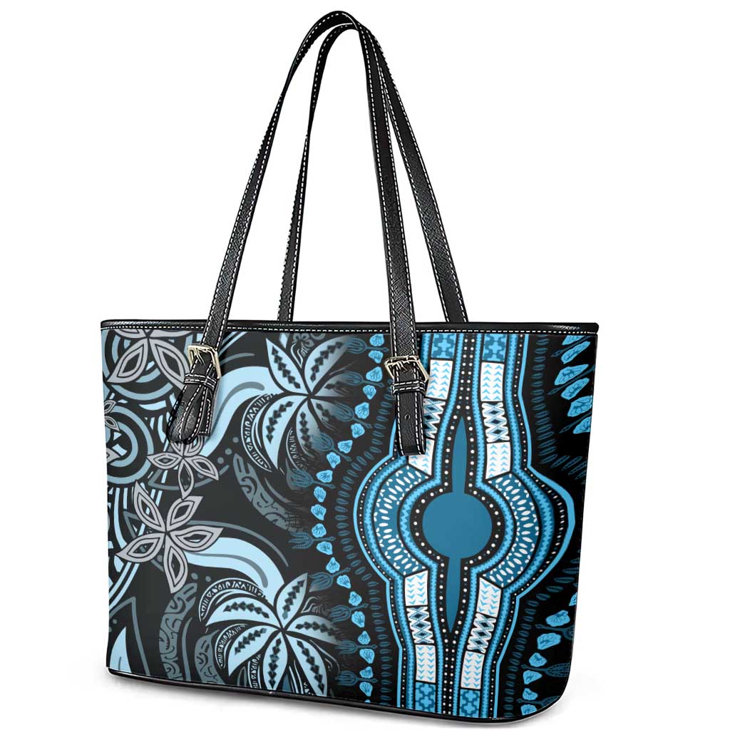Polynesia Mixed African Dashiki Leather Tote Bag Afro-pacific Culture - Blue