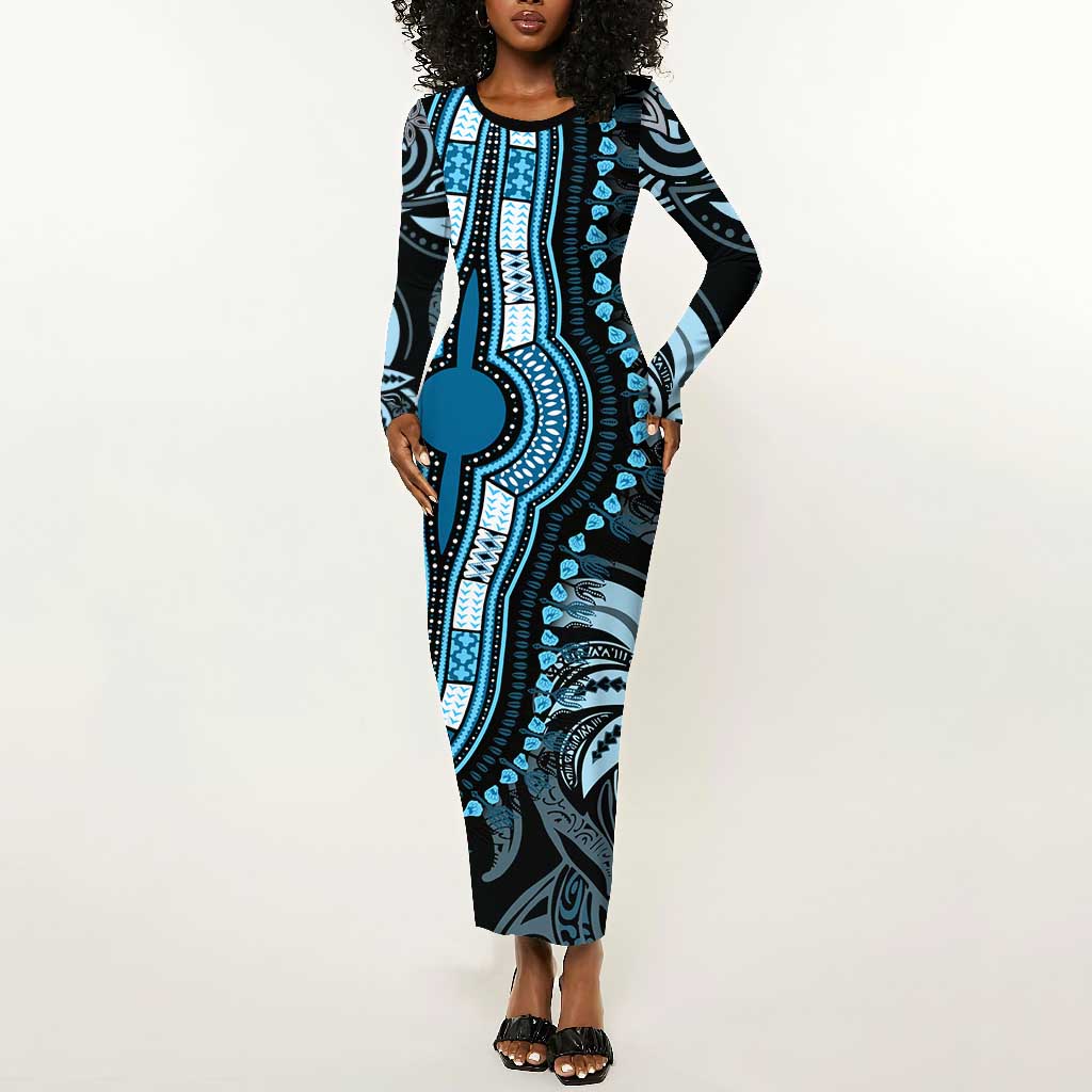 Polynesia Mixed African Dashiki Long Sleeve Bodycon Dress Afro-pacific Culture - Blue LT9