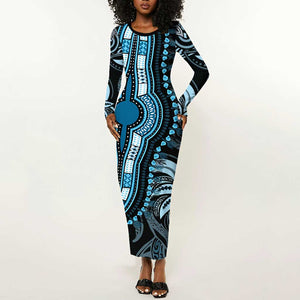 Polynesia Mixed African Dashiki Long Sleeve Bodycon Dress Afro-pacific Culture - Blue LT9