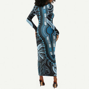 Polynesia Mixed African Dashiki Long Sleeve Bodycon Dress Afro-pacific Culture - Blue LT9