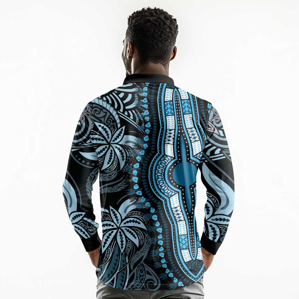 Polynesia Mixed African Dashiki Long Sleeve Polo Shirt Afro-pacific Culture - Blue