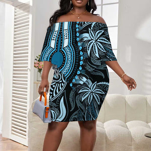 Polynesia Mixed African Dashiki Off Shoulder Short Dress Afro-pacific Culture - Blue