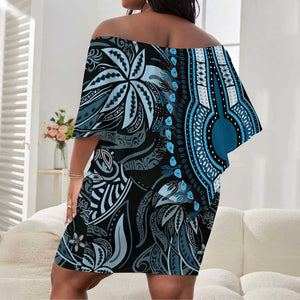 Polynesia Mixed African Dashiki Off Shoulder Short Dress Afro-pacific Culture - Blue