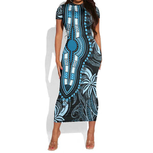 Polynesia Mixed African Dashiki Short Sleeve Bodycon Dress Afro-pacific Culture - Blue LT9