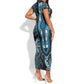 Polynesia Mixed African Dashiki Short Sleeve Bodycon Dress Afro-pacific Culture - Blue LT9