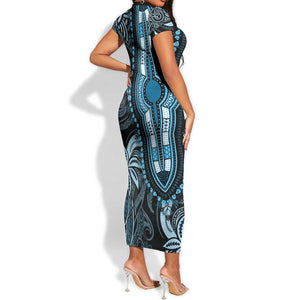 Polynesia Mixed African Dashiki Short Sleeve Bodycon Dress Afro-pacific Culture - Blue LT9