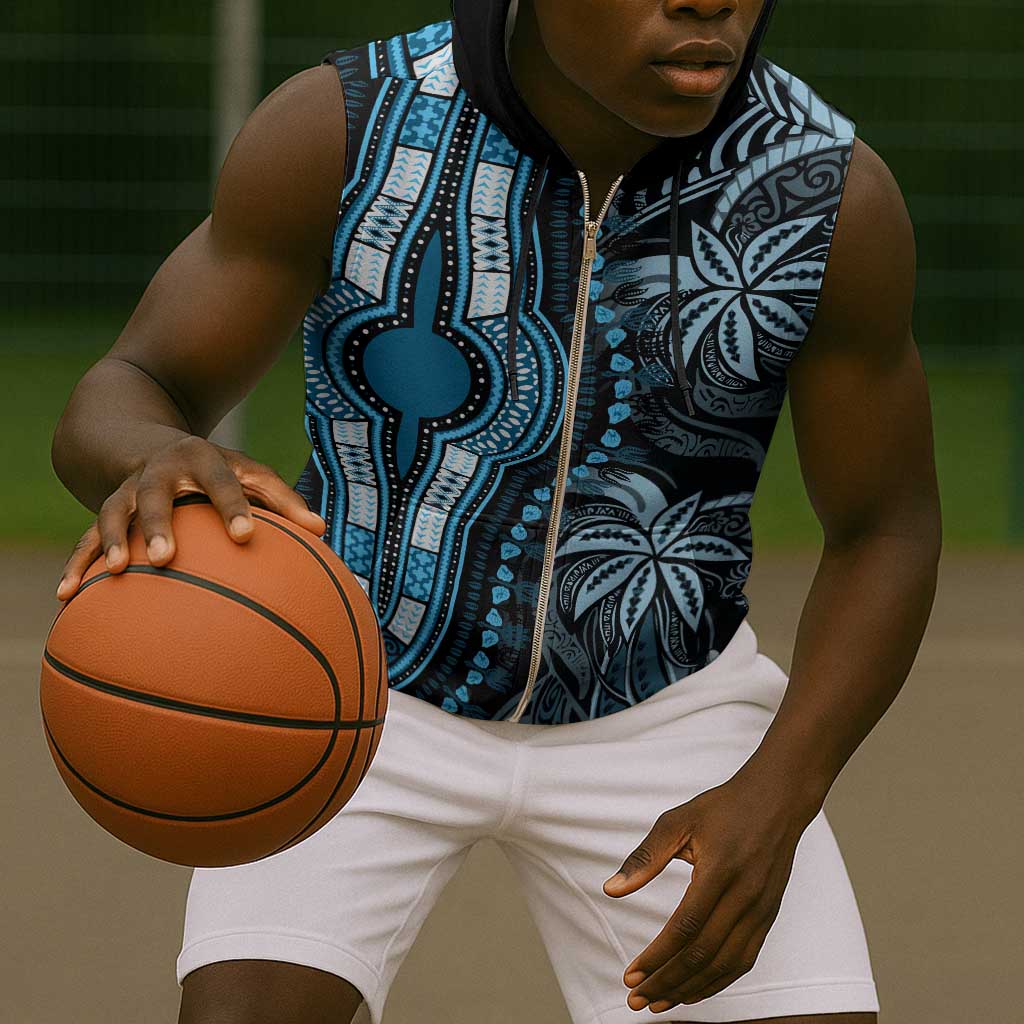 Polynesia Mixed African Dashiki Sleeveless Zip Hoodie Afro-pacific Culture - Blue - African Pride