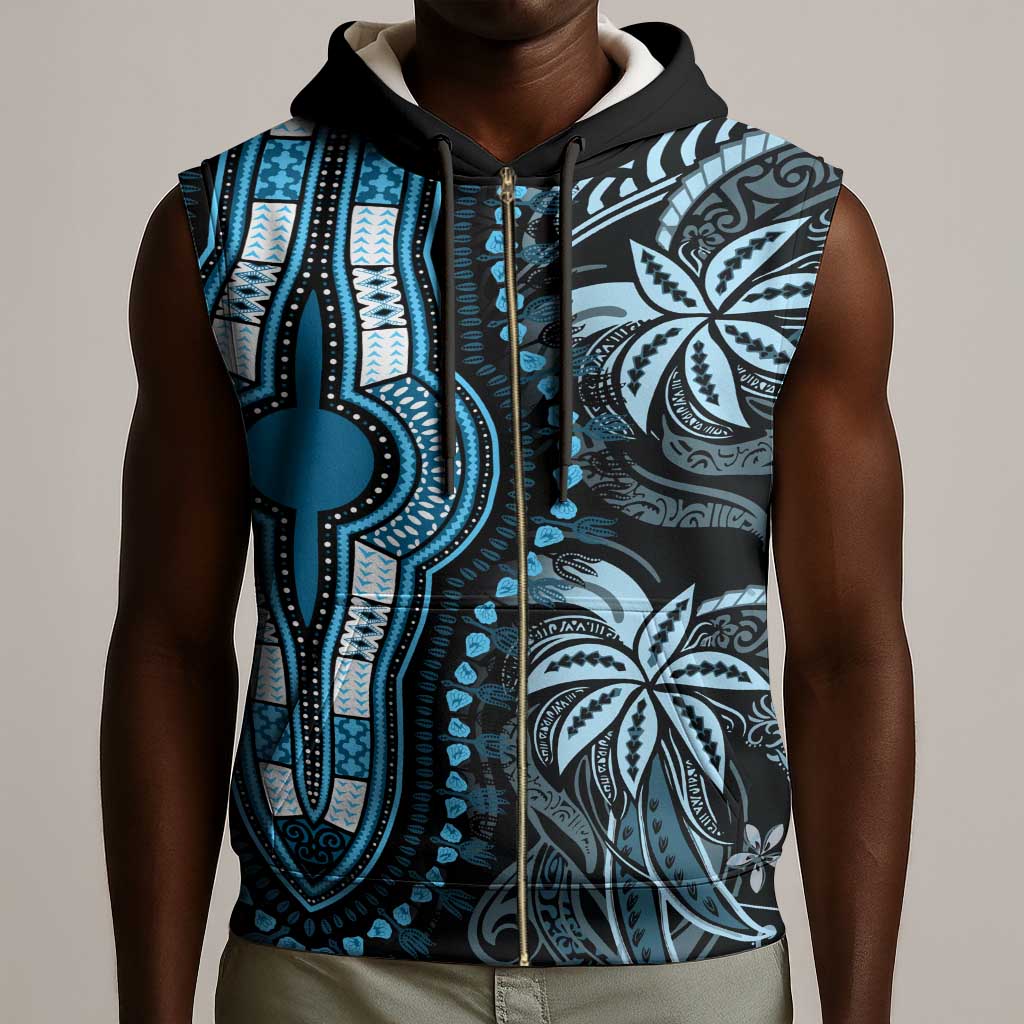 Polynesia Mixed African Dashiki Sleeveless Zip Hoodie Afro-pacific Culture - Blue - African Pride