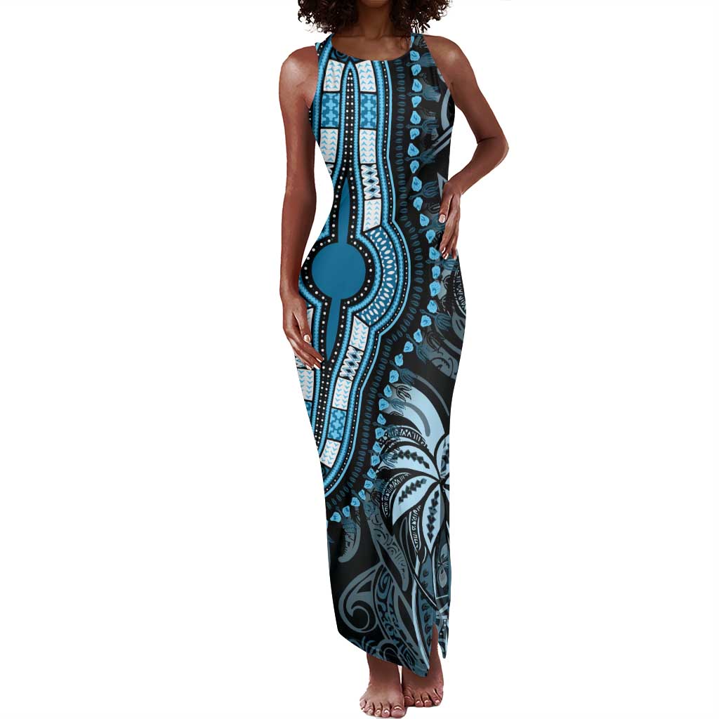 Polynesia Mixed African Dashiki Tank Maxi Dress Afro-pacific Culture - Blue