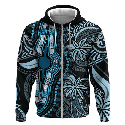 Polynesia Mixed African Dashiki Zip Hoodie Afro-pacific Culture - Blue