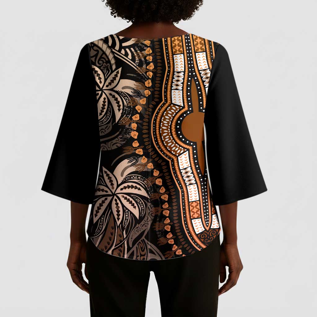 Polynesia Mixed African Dashiki Kimono Sleeve Blouse Afro-pacific Culture - Gold