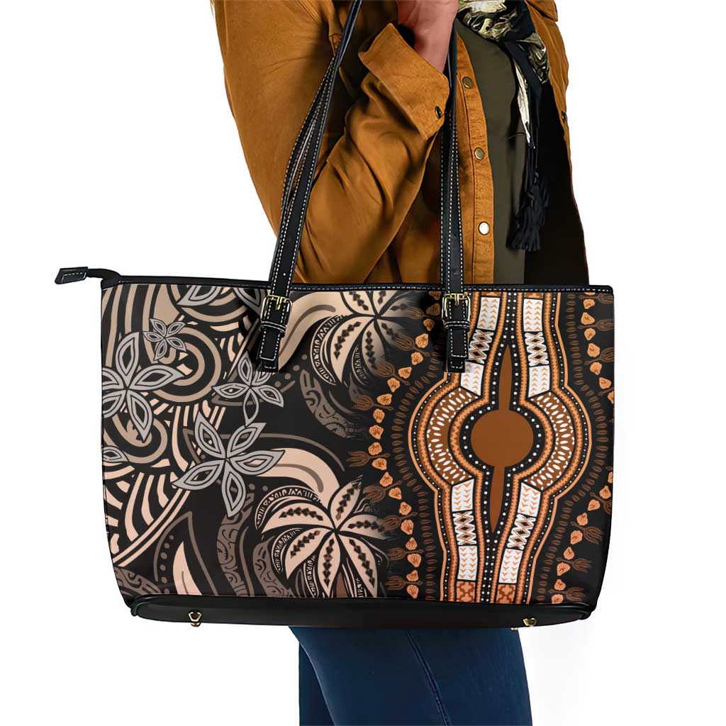 Polynesia Mixed African Dashiki Leather Tote Bag Afro-pacific Culture - Gold