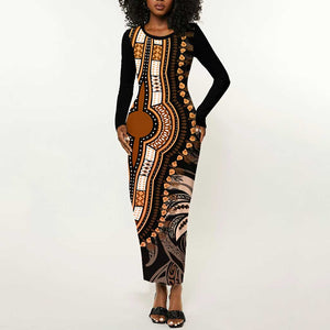 Polynesia Mixed African Dashiki Long Sleeve Bodycon Dress Afro-pacific Culture - Gold LT9