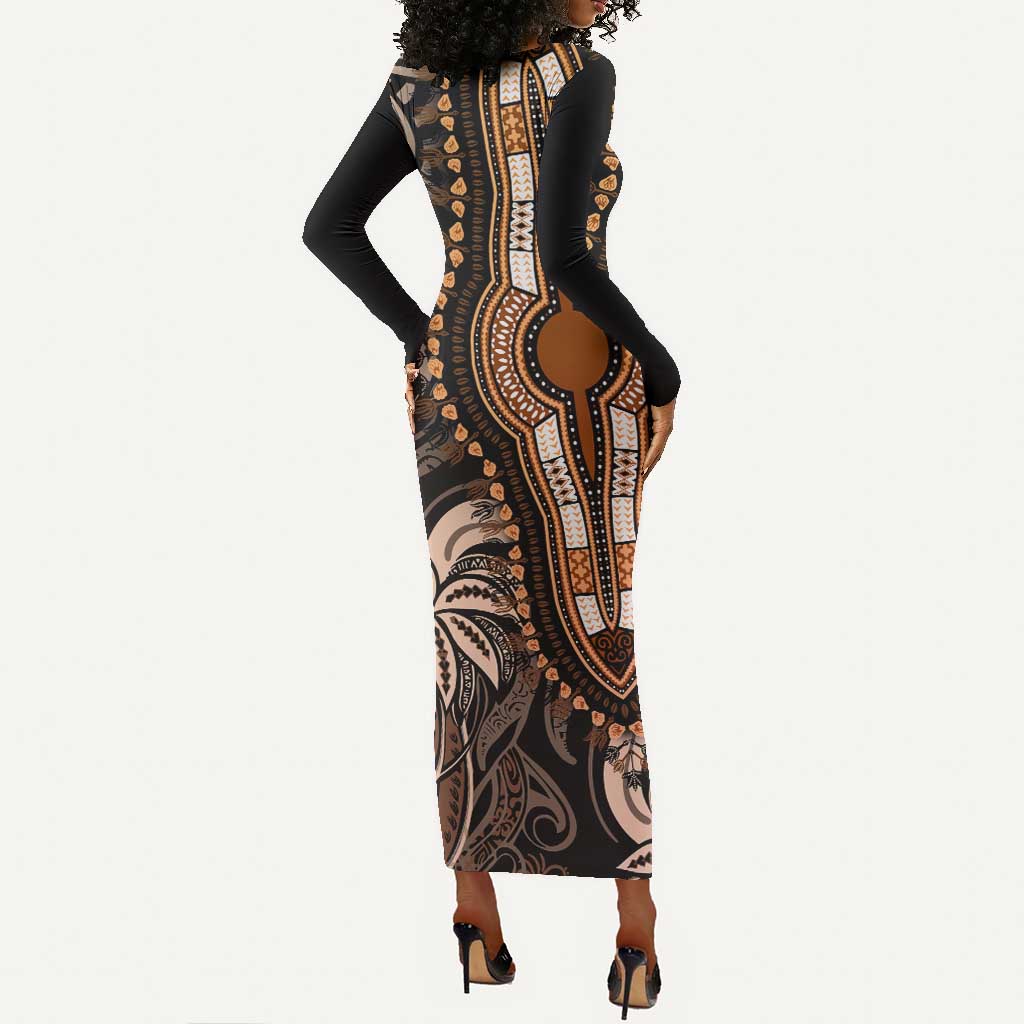 Polynesia Mixed African Dashiki Long Sleeve Bodycon Dress Afro-pacific Culture - Gold LT9
