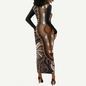 Polynesia Mixed African Dashiki Long Sleeve Bodycon Dress Afro-pacific Culture - Gold LT9