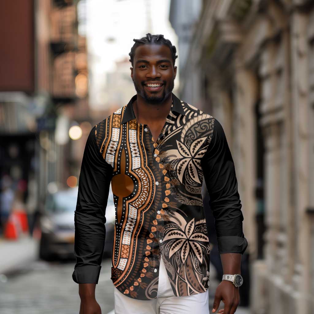 Polynesia Mixed African Dashiki Long Sleeve Button Shirt Afro-pacific Culture - Gold