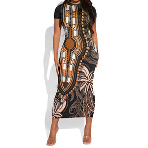 Polynesia Mixed African Dashiki Short Sleeve Bodycon Dress Afro-pacific Culture - Gold LT9
