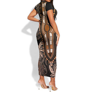 Polynesia Mixed African Dashiki Short Sleeve Bodycon Dress Afro-pacific Culture - Gold LT9