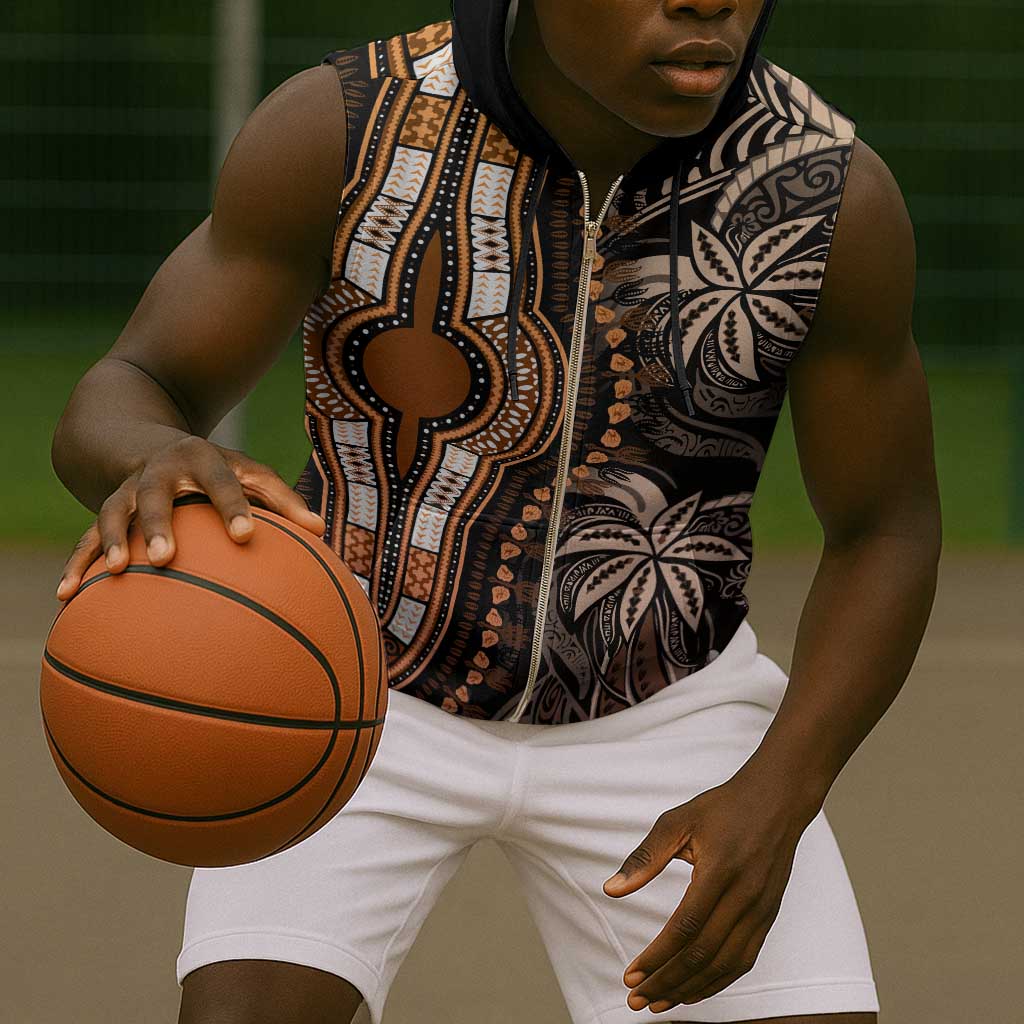 Polynesia Mixed African Dashiki Sleeveless Zip Hoodie Afro-pacific Culture - Gold - African Pride
