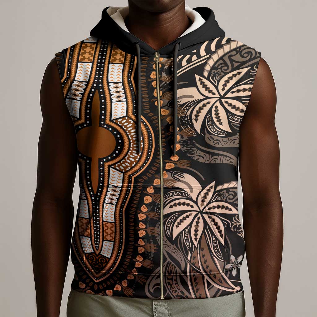 Polynesia Mixed African Dashiki Sleeveless Zip Hoodie Afro-pacific Culture - Gold - African Pride