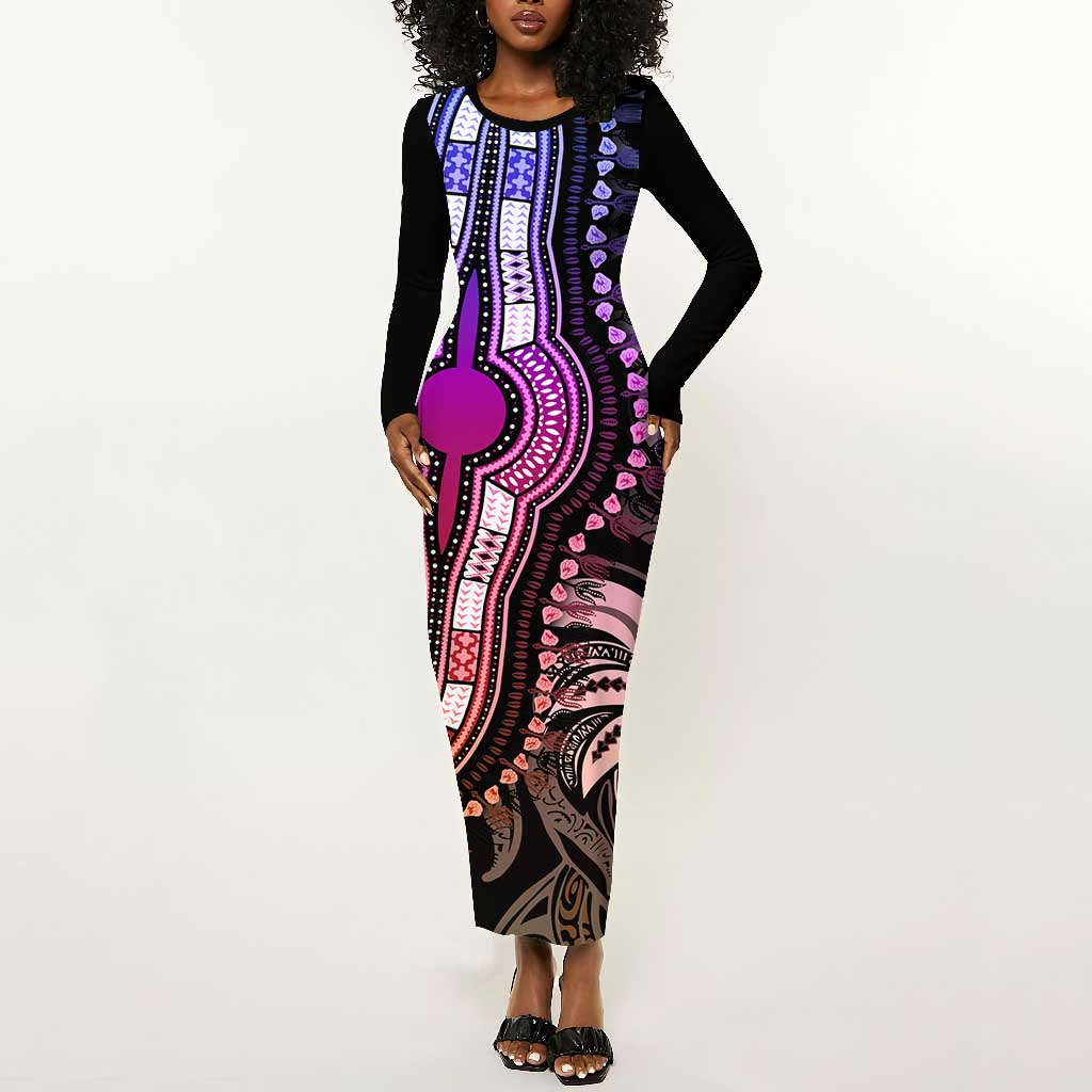 Polynesia Mixed African Dashiki Long Sleeve Bodycon Dress Afro-pacific Culture - Pastel LT9