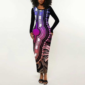 Polynesia Mixed African Dashiki Long Sleeve Bodycon Dress Afro-pacific Culture - Pastel LT9