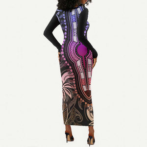 Polynesia Mixed African Dashiki Long Sleeve Bodycon Dress Afro-pacific Culture - Pastel LT9