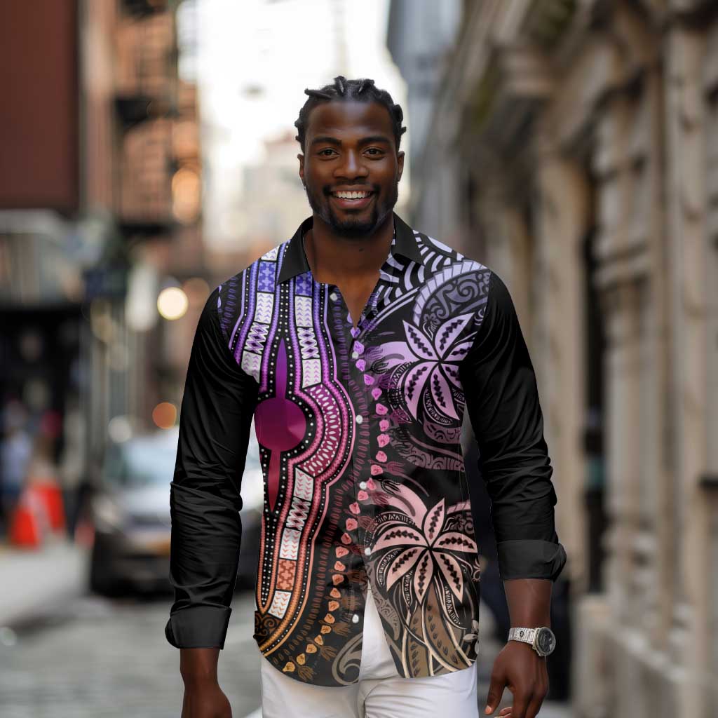 Polynesia Mixed African Dashiki Long Sleeve Button Shirt Afro-pacific Culture - Pastel