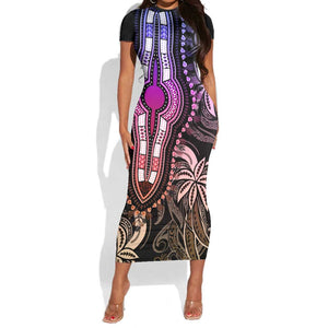 Polynesia Mixed African Dashiki Short Sleeve Bodycon Dress Afro-pacific Culture - Pastel LT9