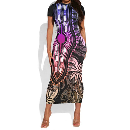 Polynesia Mixed African Dashiki Short Sleeve Bodycon Dress Afro-pacific Culture - Pastel LT9