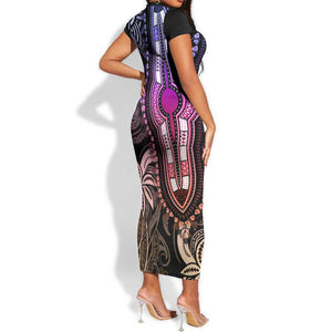 Polynesia Mixed African Dashiki Short Sleeve Bodycon Dress Afro-pacific Culture - Pastel LT9